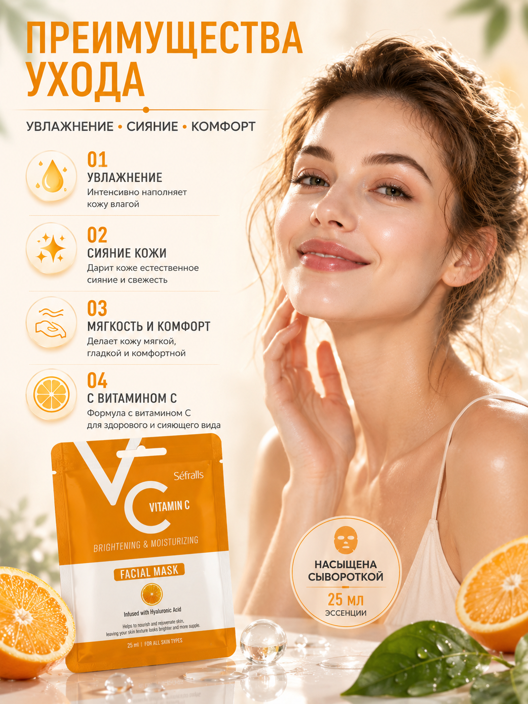Séfralls Vitamin C Brightening & Moisturizing Facial Sheet Mask with Hyaluronic Acid (25ml*10pcs)
