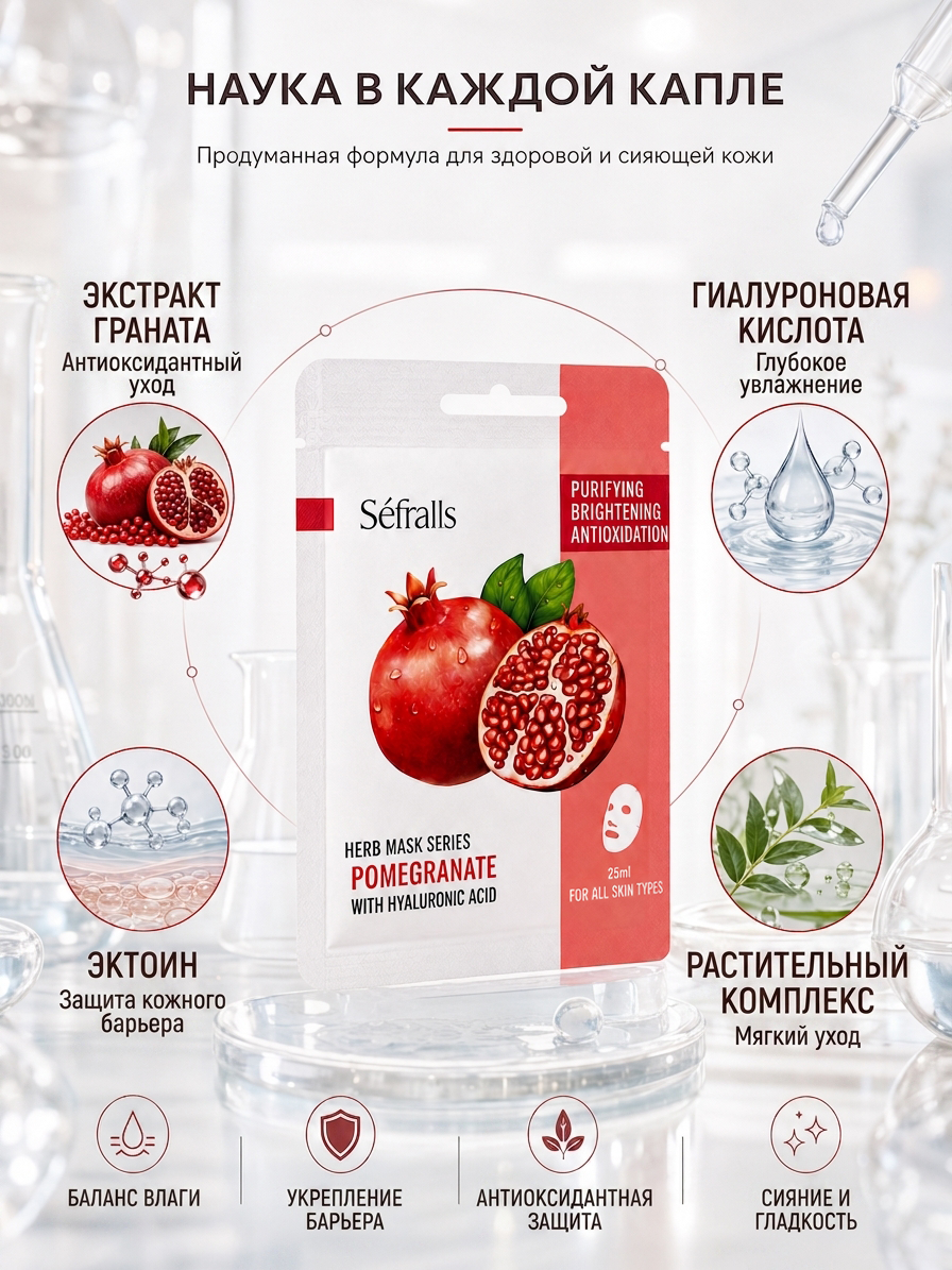 Séfralls Pomegranate Purifying and Brightening Facial Sheet Mask with Hyaluronic Acid（25ml*10pcs）