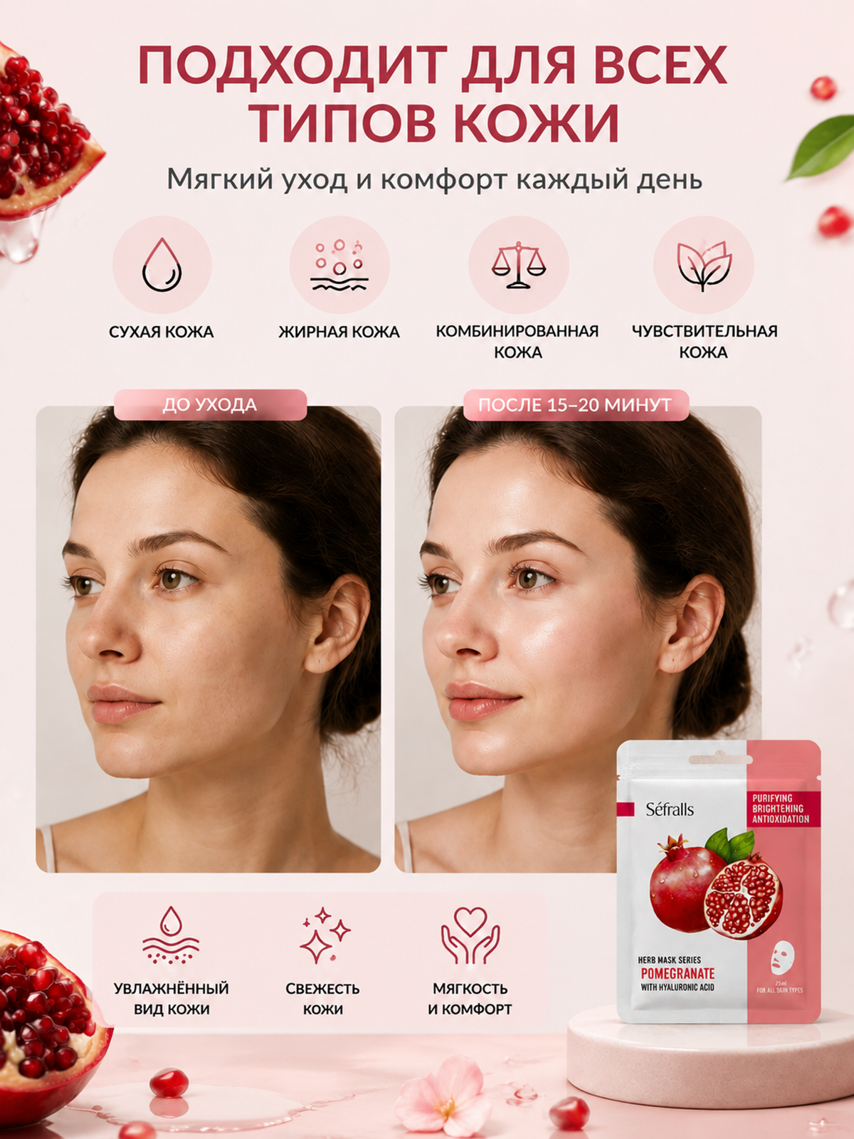 Séfralls Pomegranate Purifying and Brightening Facial Sheet Mask with Hyaluronic Acid（25ml*10pcs）