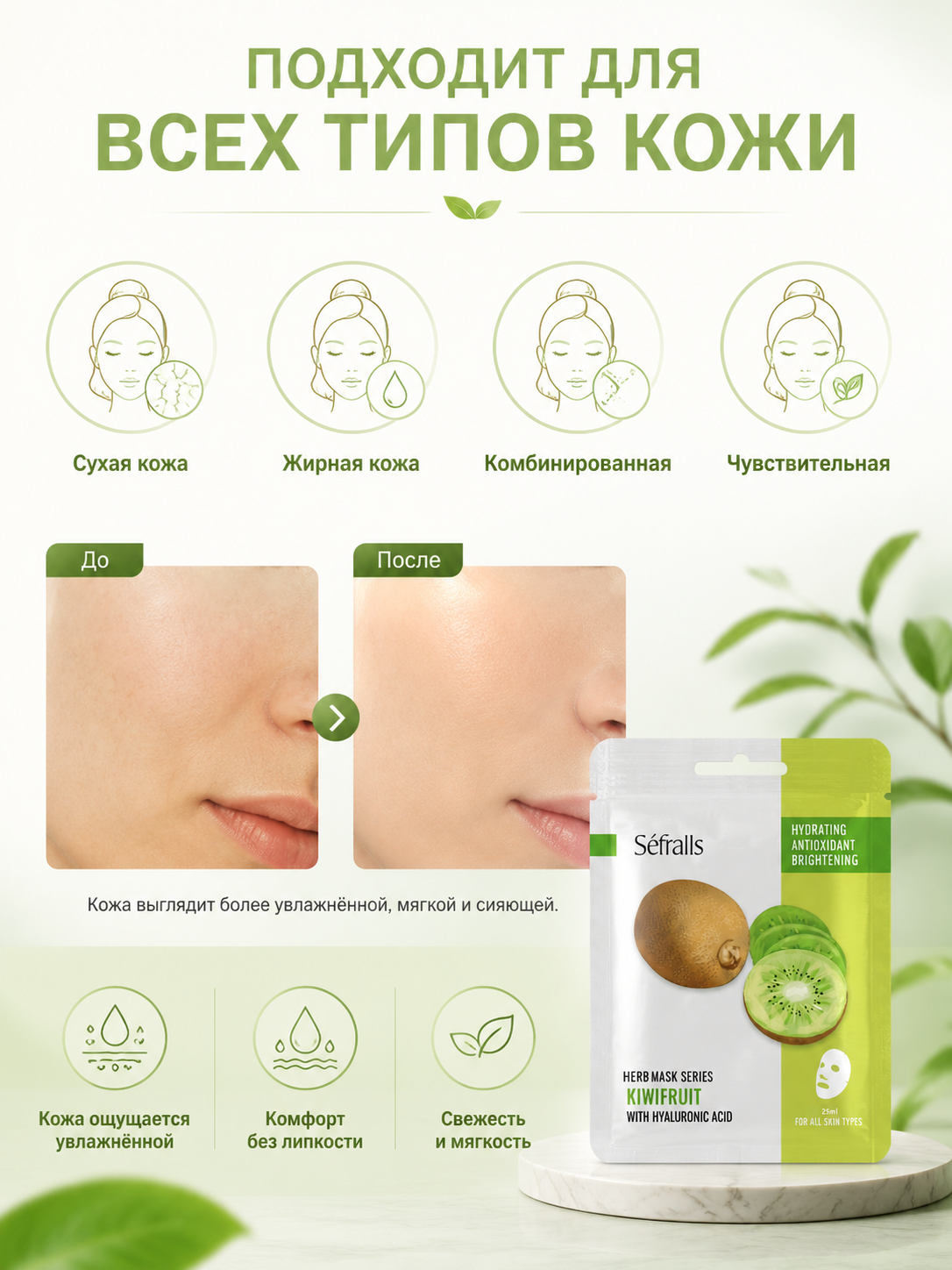 Séfralls Kiwifruit Hydrating & Brightening Facial Sheet Mask with Hyaluronic Acid (25ml*10pcs)