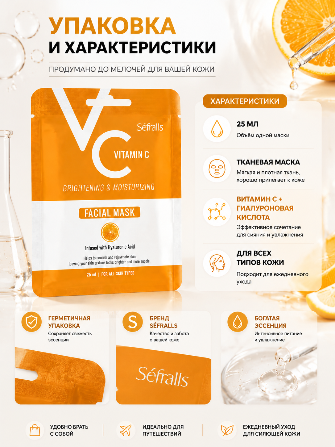Séfralls Vitamin C Brightening & Moisturizing Facial Sheet Mask with Hyaluronic Acid (25ml*10pcs)